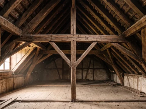 Charpente traditionnelle en bois massif vue depuis l’intérieur des combles