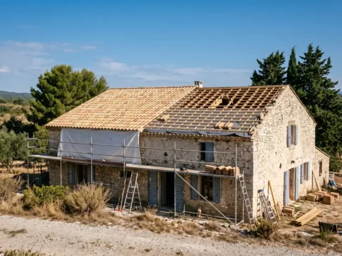Réfection de toiture en tuile canal en cours sur une maison du Gard, versant à demi déposé
