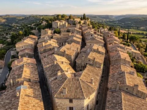 Toitures en tuile canal d’un village du Gard vues d’en haut, génoises et cheminées visibles