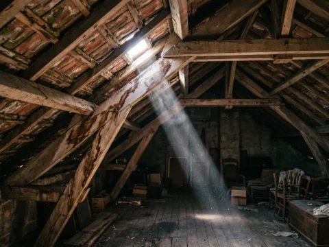 Rai de lumière traversant la couverture depuis l’intérieur de combles, traces d’humidité sur la charpente